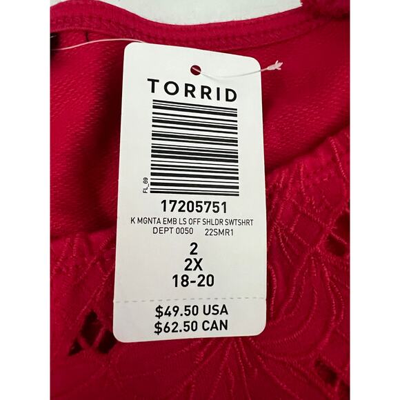 NWT TORRID Magenta Pink Off the Shoulder Floral Lace Neckline SweatshirtSize 2X - Picture 10 of 12